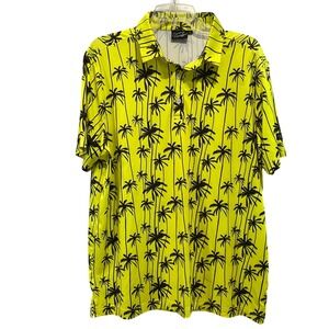 Sunday Swagger Neon Yellow Palm Tree Golf Polo Shirt Mens Large Short Sleeve